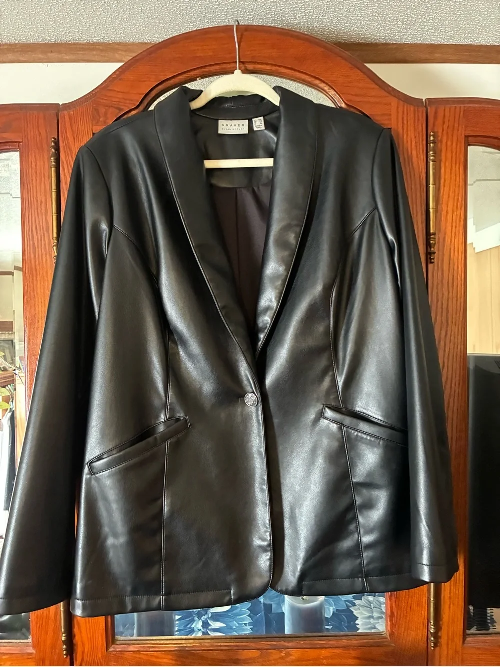 Susan Graver Black Faux Leather Blazer with Shawl Lapel